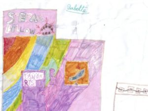 Kindertekening in paars en geel met het woord tandarts in een kader, getekend door Babette.