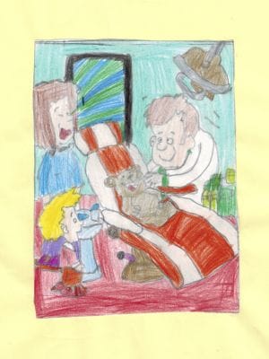 Kindertekening van een tandartsbezoek met een teddybeer als patiënt in de stoel.