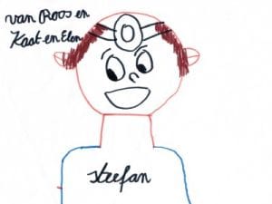 Kindertekening van een tandarts met spiegeltje op het voorhoofd, met de naam Stefan op de jas.