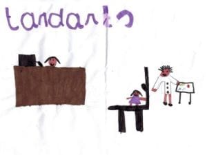 Kindertekening met het woord tandarts bovenaan en een tandarts die een patiënt behandelt.